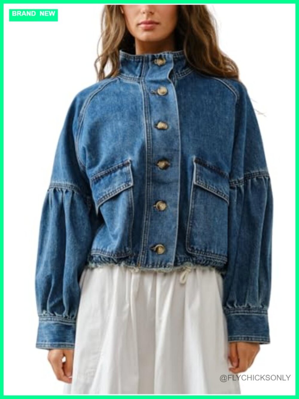 Women's Denim Bomber Jacket Balloon Sleeve Drawstring Waist Twill Coat